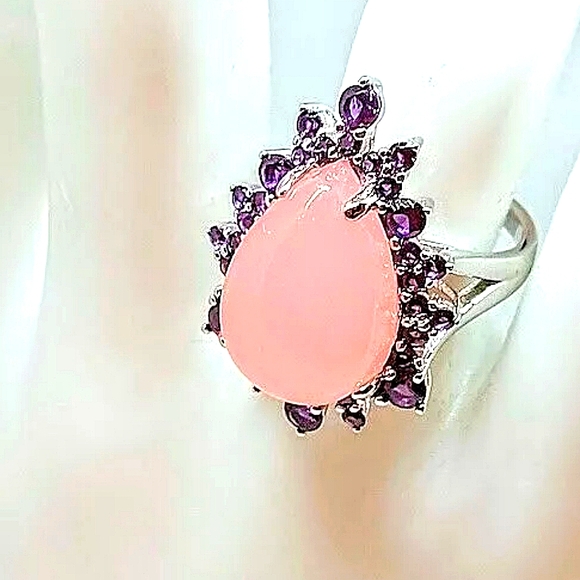 Natural Pink Chalcedony & Amethyst 925 Sterling Silver Ring Sz 7 - Picture 2 of 4